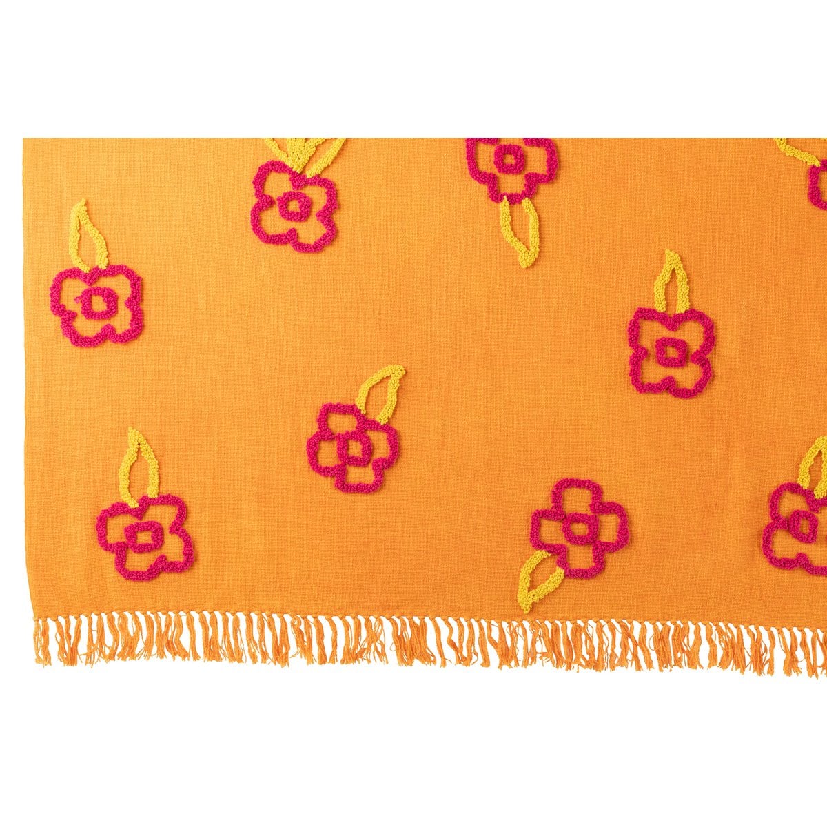 Plaid Fleurs Coton J-Line avec motifs floraux vibrants en orange, rose et jaune.