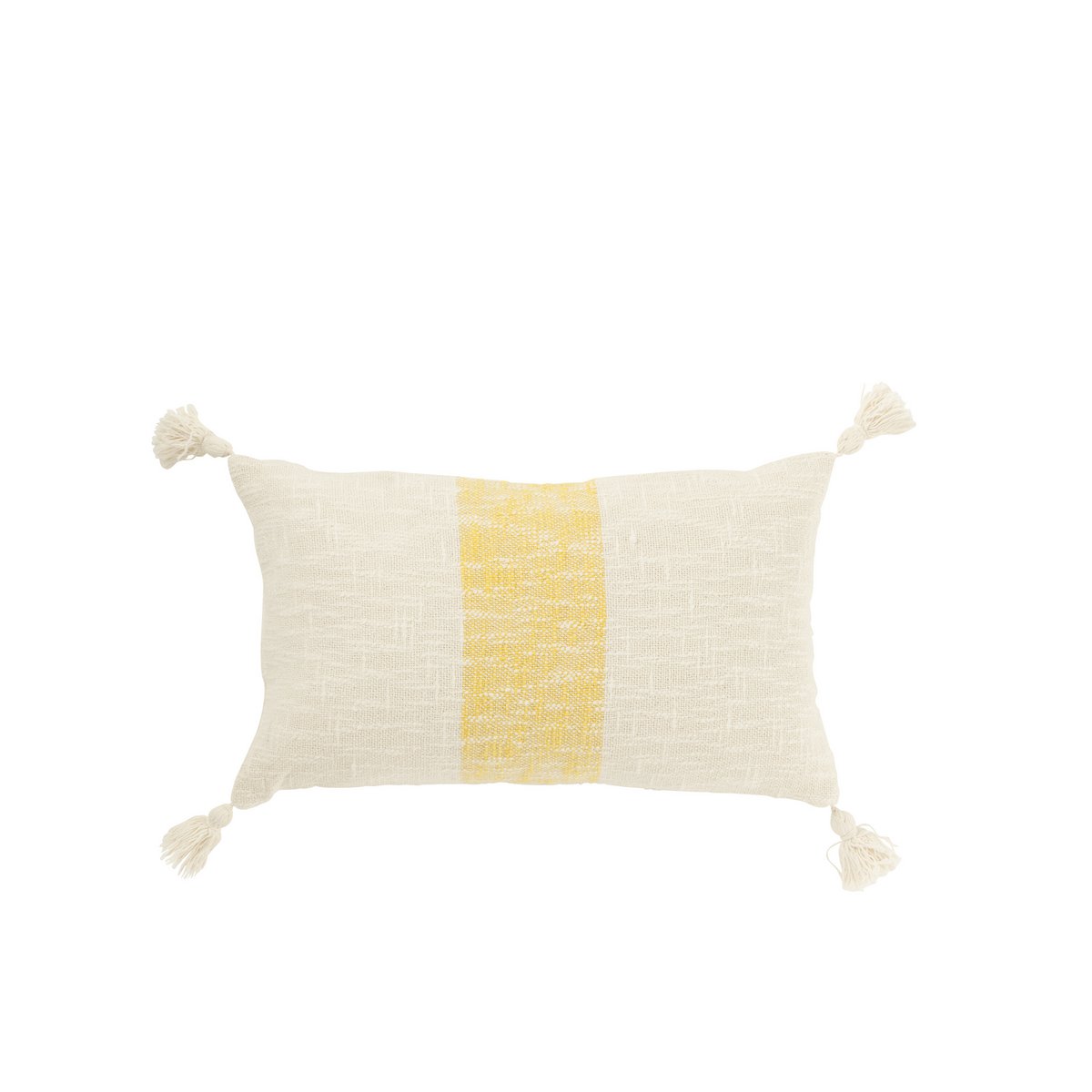 Détail du coussin J-Line avec pinceau en coton blanc et jaune