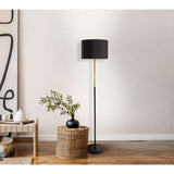 Lampe debout textile "Tessile", lampadaire en métal, arbre en caoutchouc et tissu en noir et nature, socket e27, 126 cm de haut