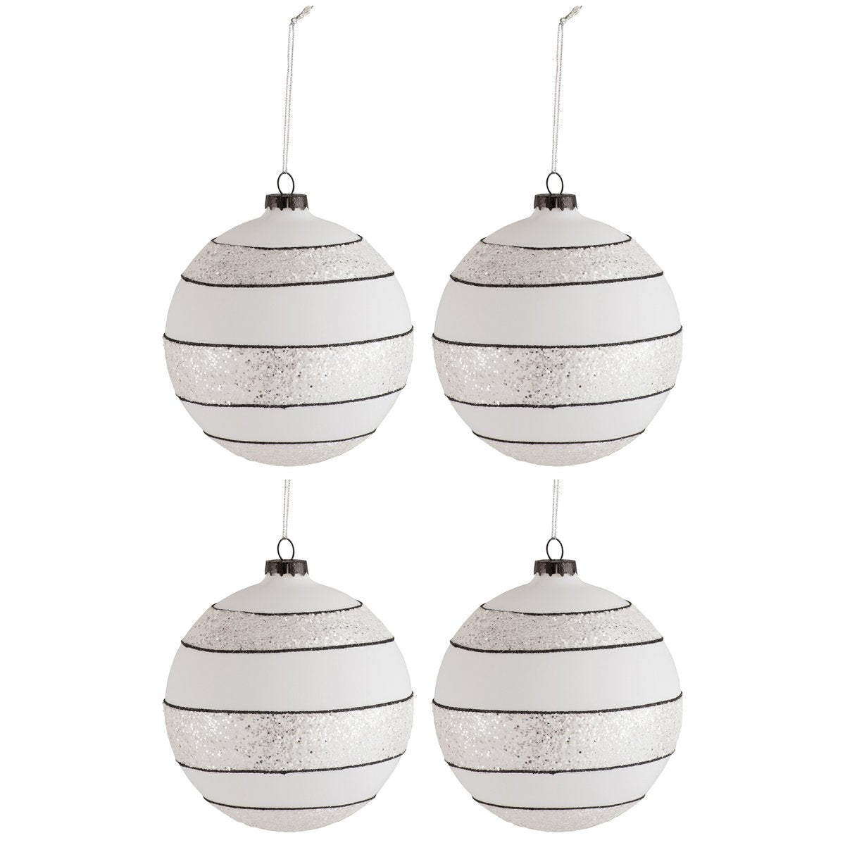 Coffret de 4 boules de Noël en verre noir et blanc avec rayures et glitter