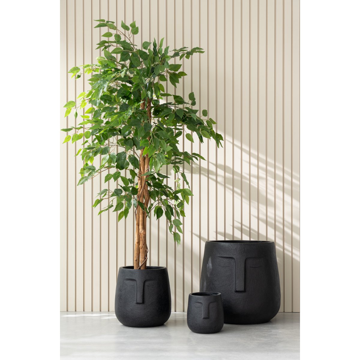 Détail des pots J-Line Misty, finition céramique noire élégante.