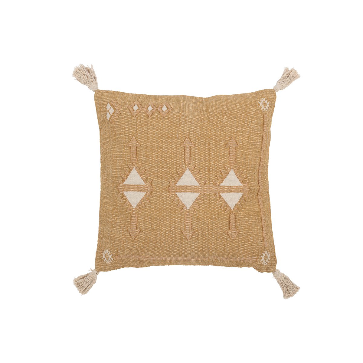 Détail du coussin Triangles J-Line, mettant en avant le motif triangulaire et les pompons.