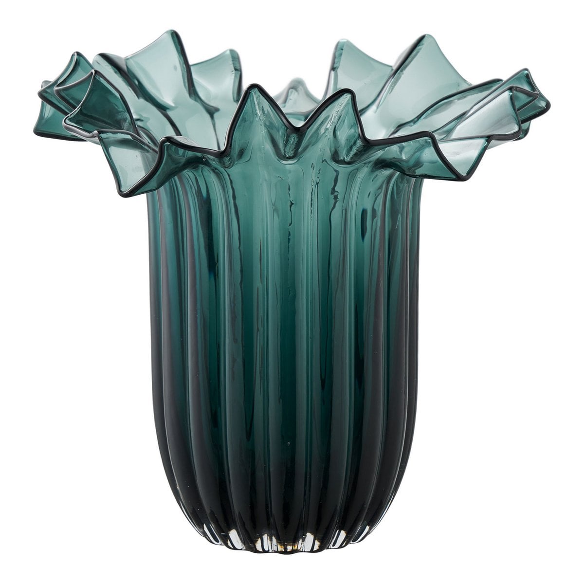 Vase en verre soufflé vert foncé, vue de face avec détails de texture
