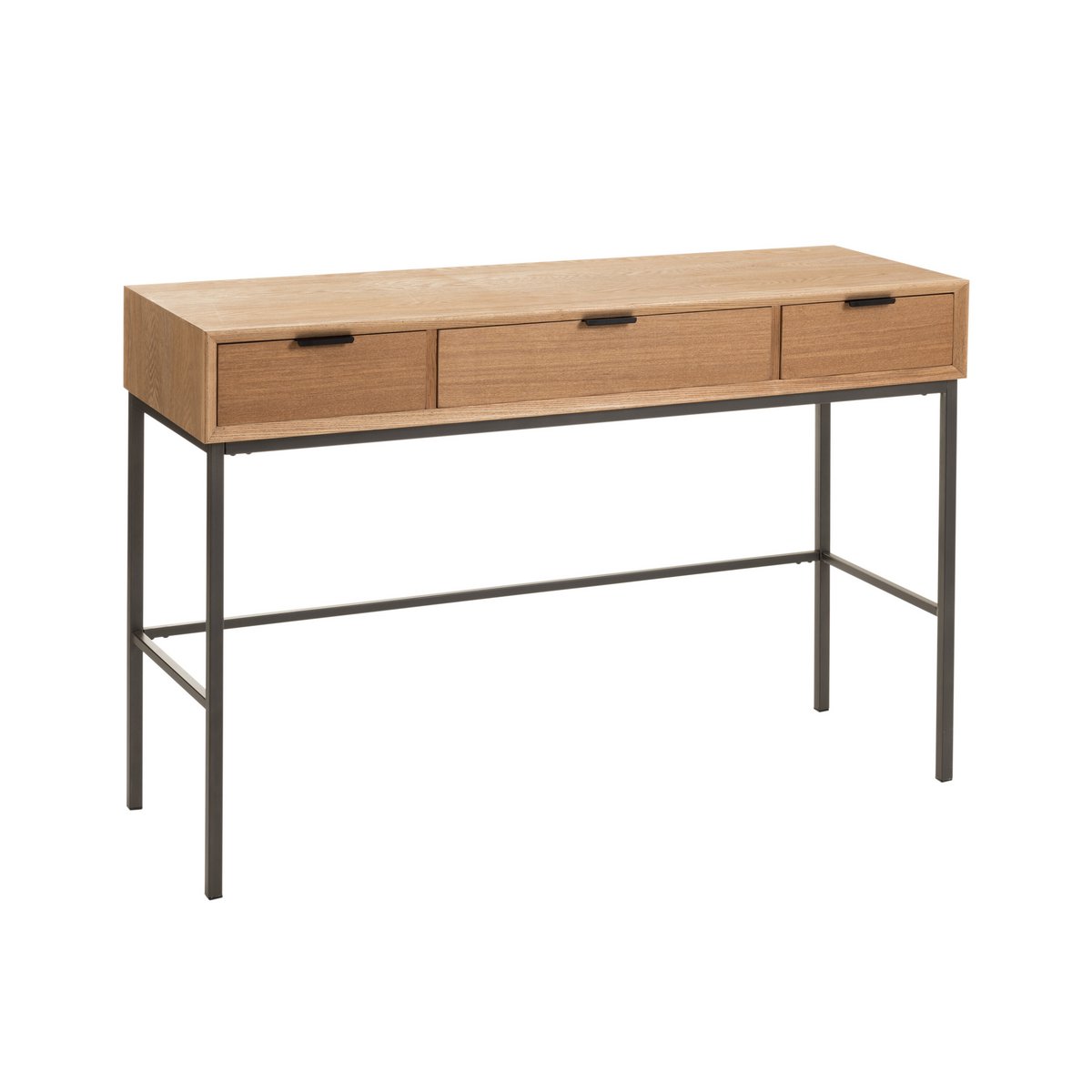 Console J-Line 3 tiroirs en bois naturel et métal, vue avant