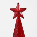 Détail du sapin de Noël rouge, effet martelé et dimensions.
