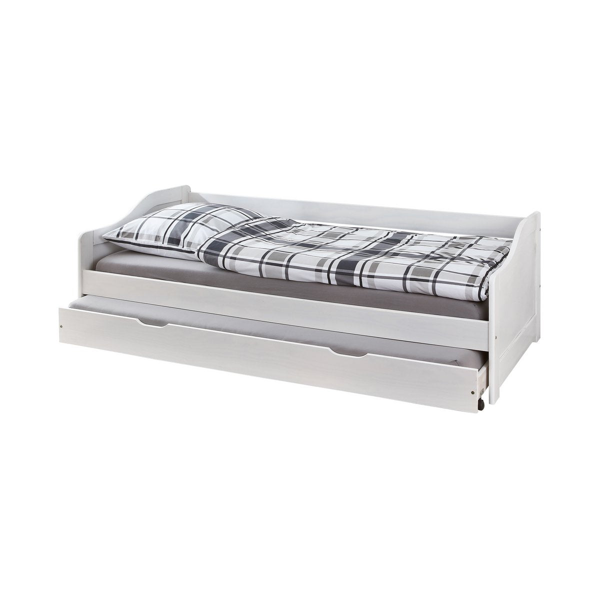 Vue latérale du lit simple en bois blanc avec tiroir