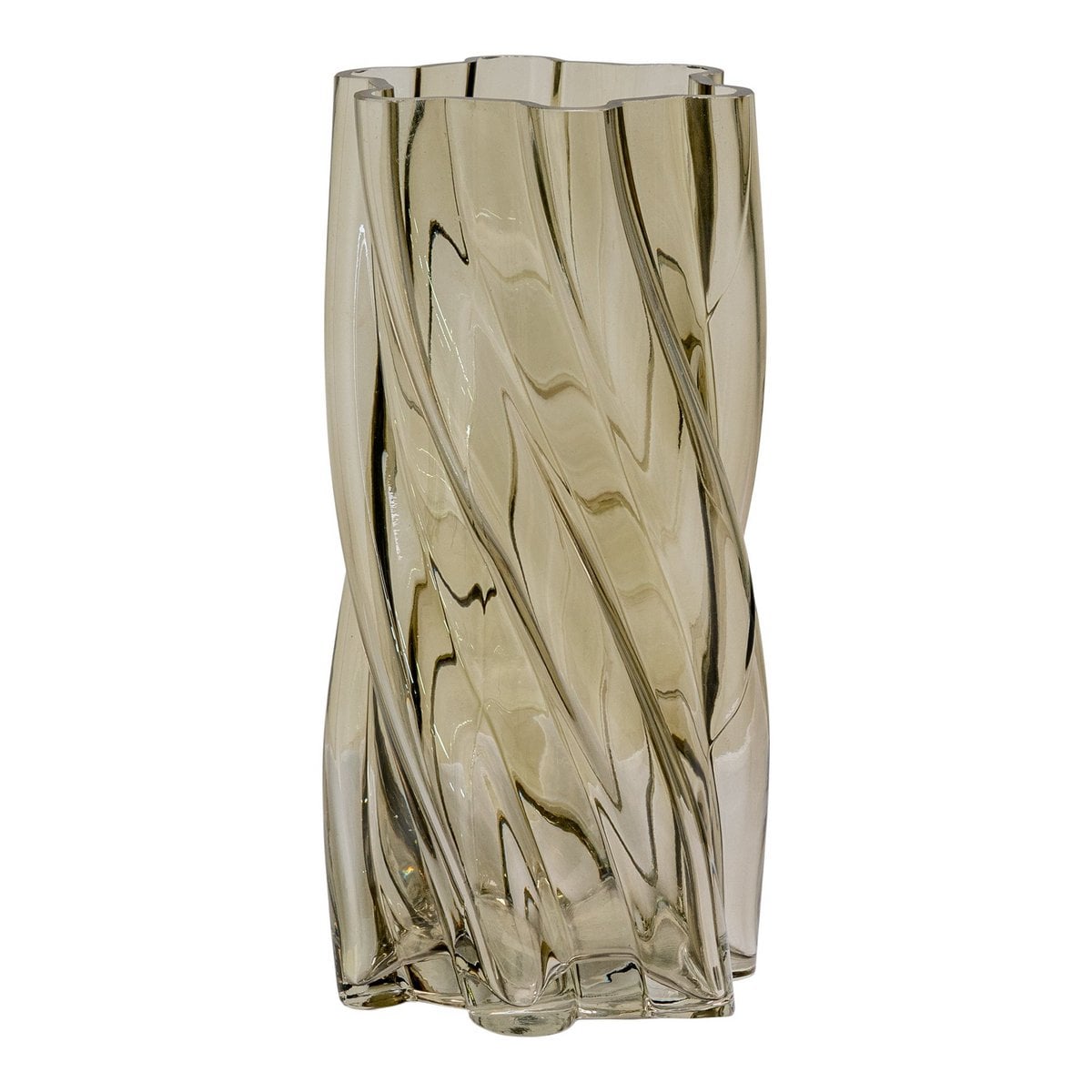 Vase en verre soufflé vert fumé, vue de face avec reflets élégants