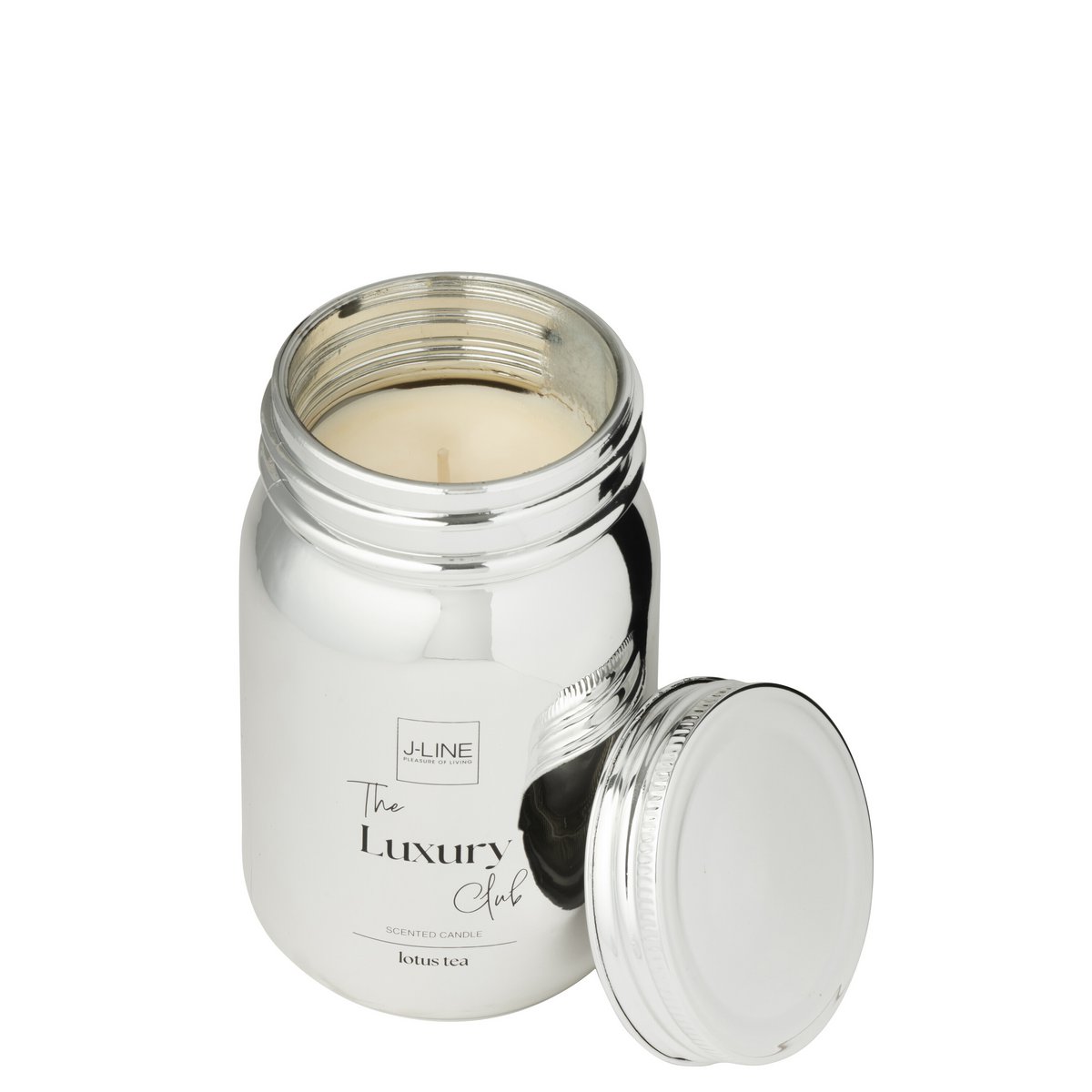 Détail de la bougie parfumée J-Line, matériau en verre argenté
