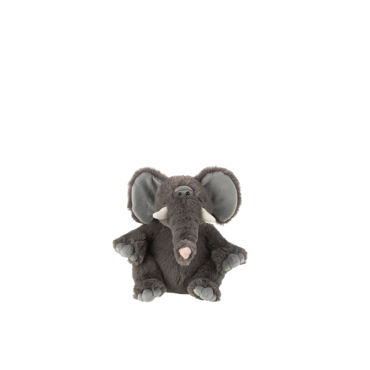 Peluche éléphant gris J-Line en polyester, vue de face avec détails du tissu.