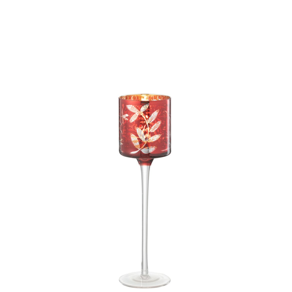 Photophore J-Line On Foot Leaves en verre rouge et or, vue de face.