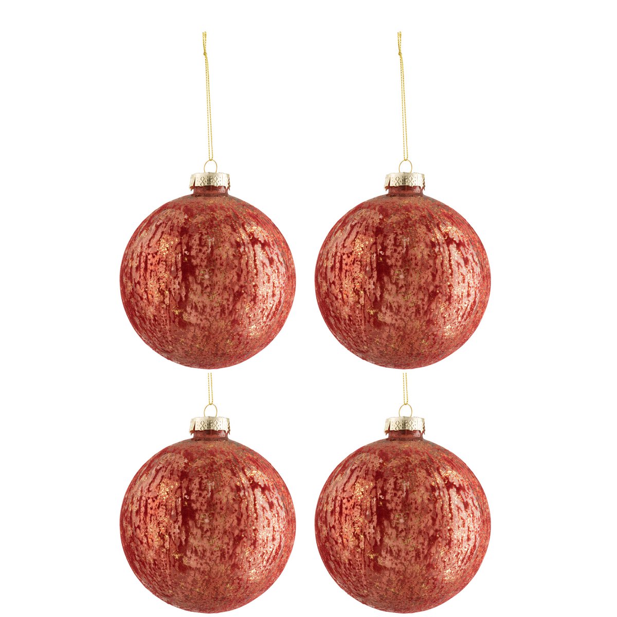 Boîte de 4 boules de Noël en verre et velours bordeaux et or de J-Line.