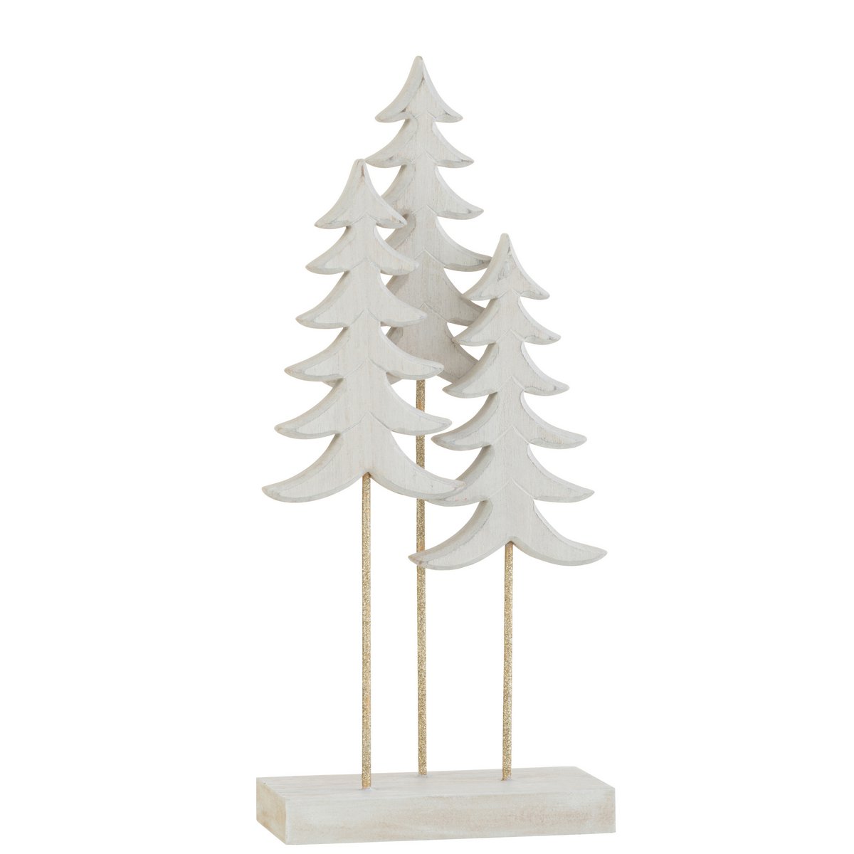 Détail du sapin de Noël J-Line, finition en bois blanc et or, ambiance festive
