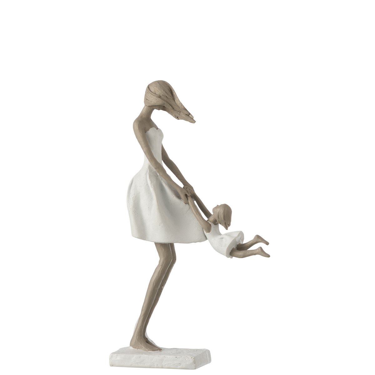 Figurine en polyresine représentant une mère et sa fille, couleurs blanc et taupe