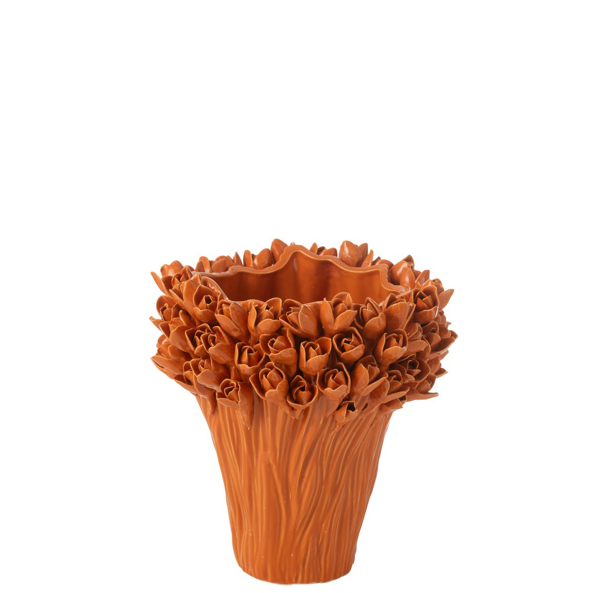 Détail du vase Ambrosia, céramique brillante avec une teinte orange éclatante.