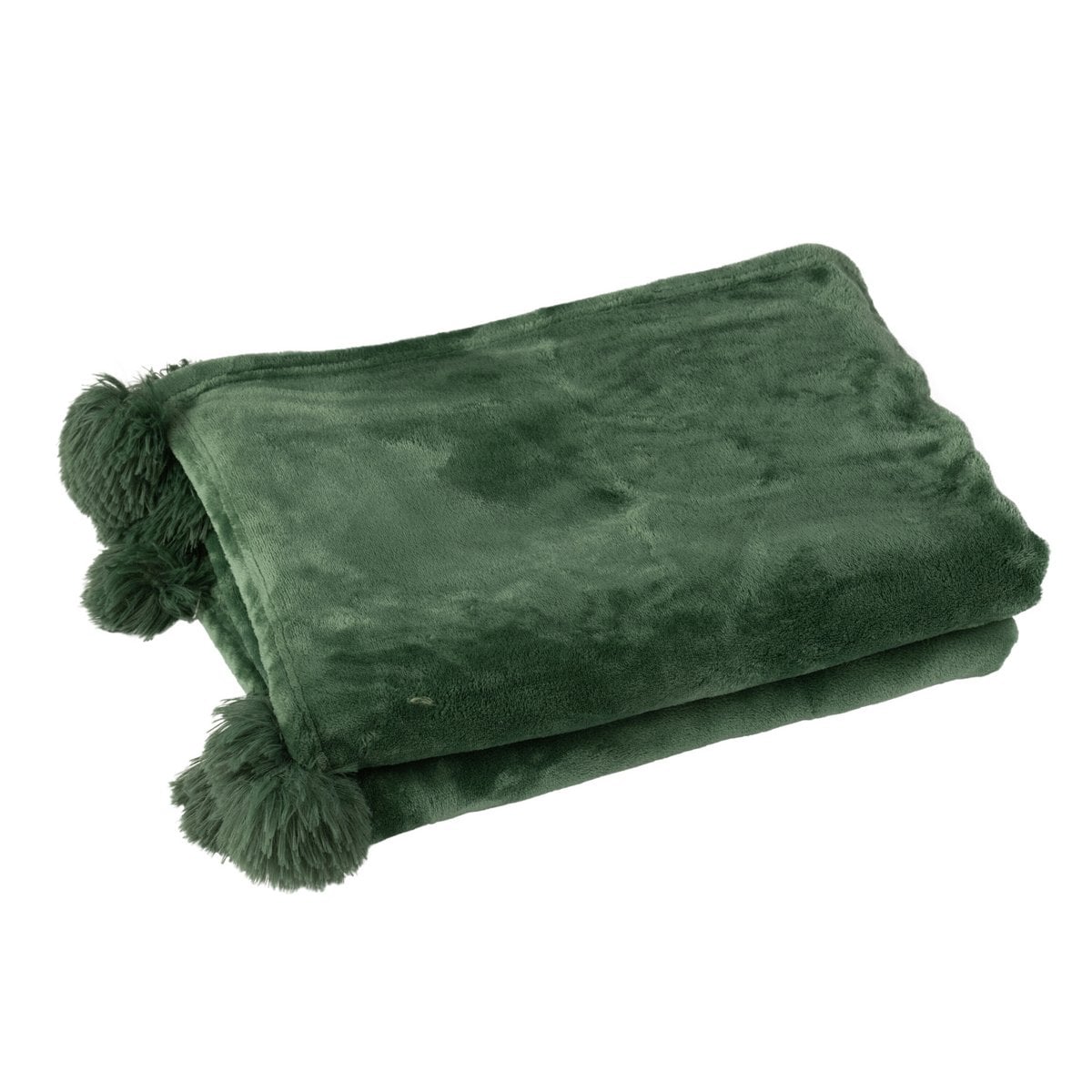 Plaid pompon J-Line vert foncé drapé sur un canapé