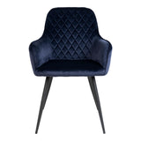 Détail du siège en velours bleu de la chaise Harbo