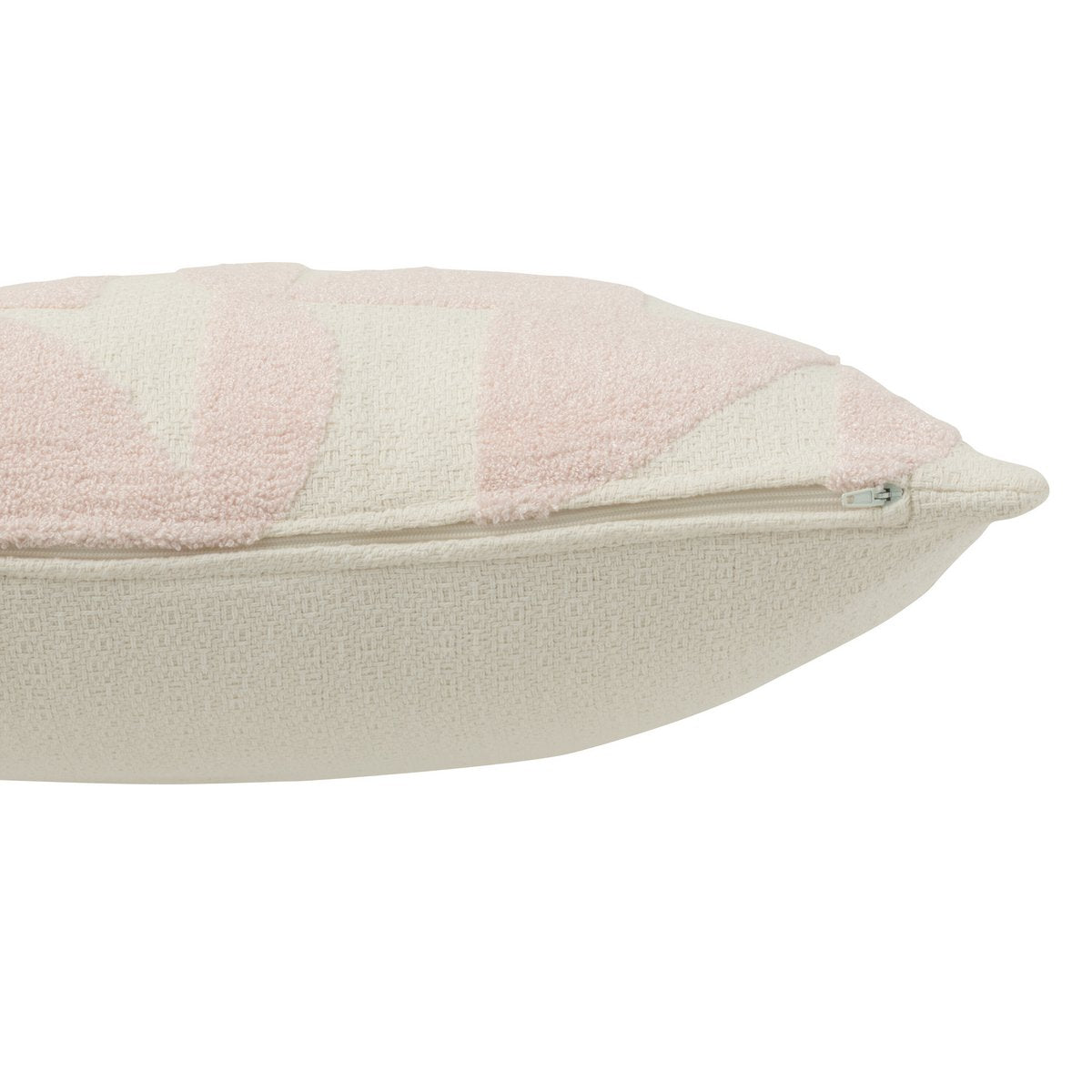 Détail du motif géométrique du coussin Geo J-Line en rose et blanc