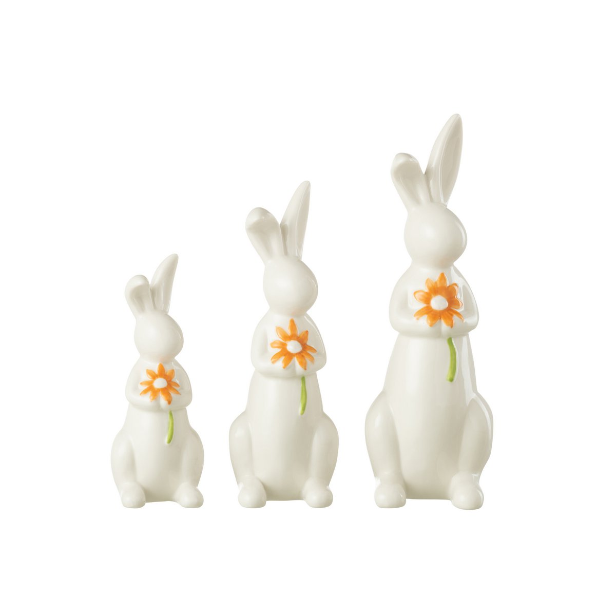 Figurines Lapins Fleurs en porcelaine orange et blanc de J-Line, ensemble de trois pièces