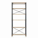 Étagère large en métal et MDF aspect acacia avec objets de décoration