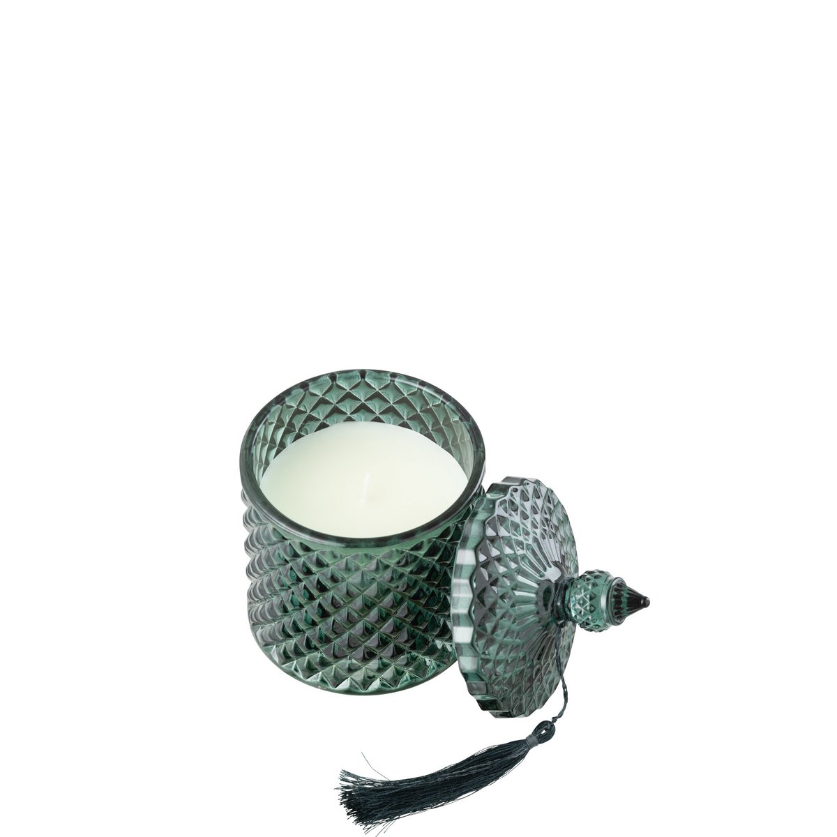 Bougie parfumée J-Line brise de cèdre, vue de face avec couvercle