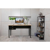 Bureau noir moderne avec tiroirs, intégré dans un salon contemporain