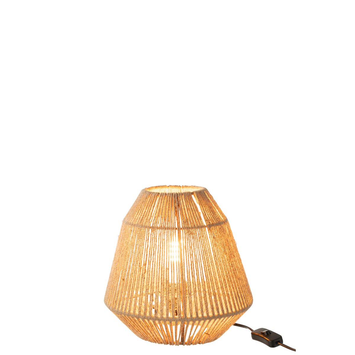 Vue de côté de la lampe J-Line Tina en jute beige sur table