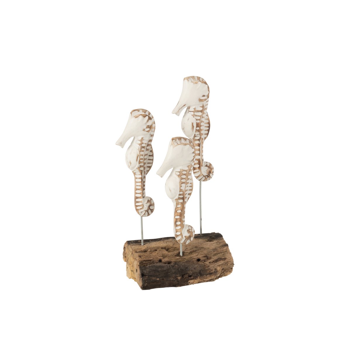 Décoration hippocampe en bois blanc et naturel sur pied, vue de face