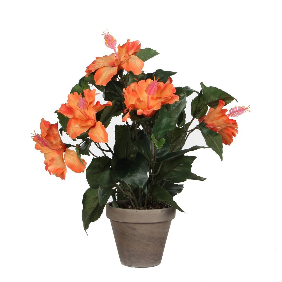 Plante artificielle Hibiscus Orange dans un pot en terre cuite, fleurs éclatantes.