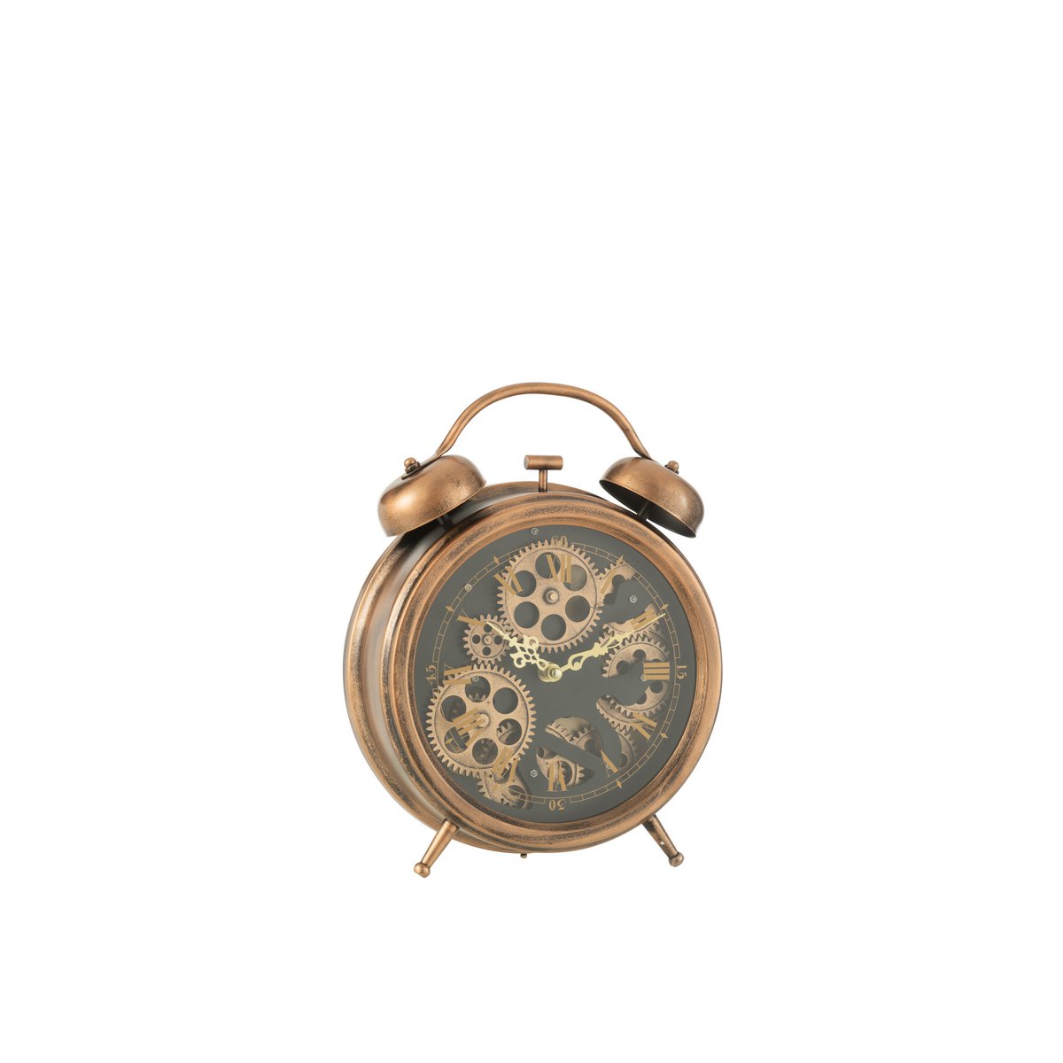 Horloge d'alarme J-Line, détail du cadran en métal bronze avec chiffres romains