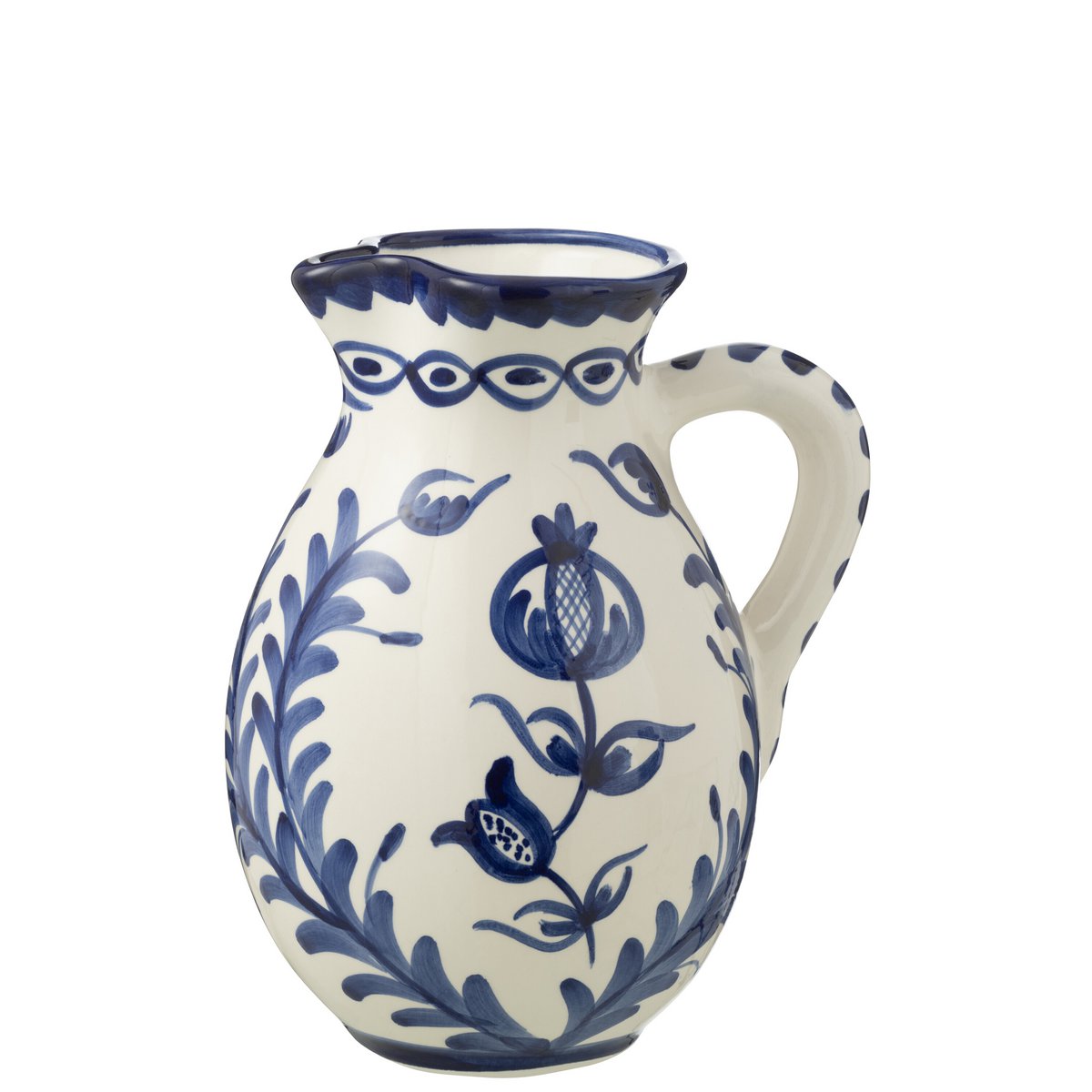 Jug Grenade J-Line en céramique blanche et bleue, vue de face