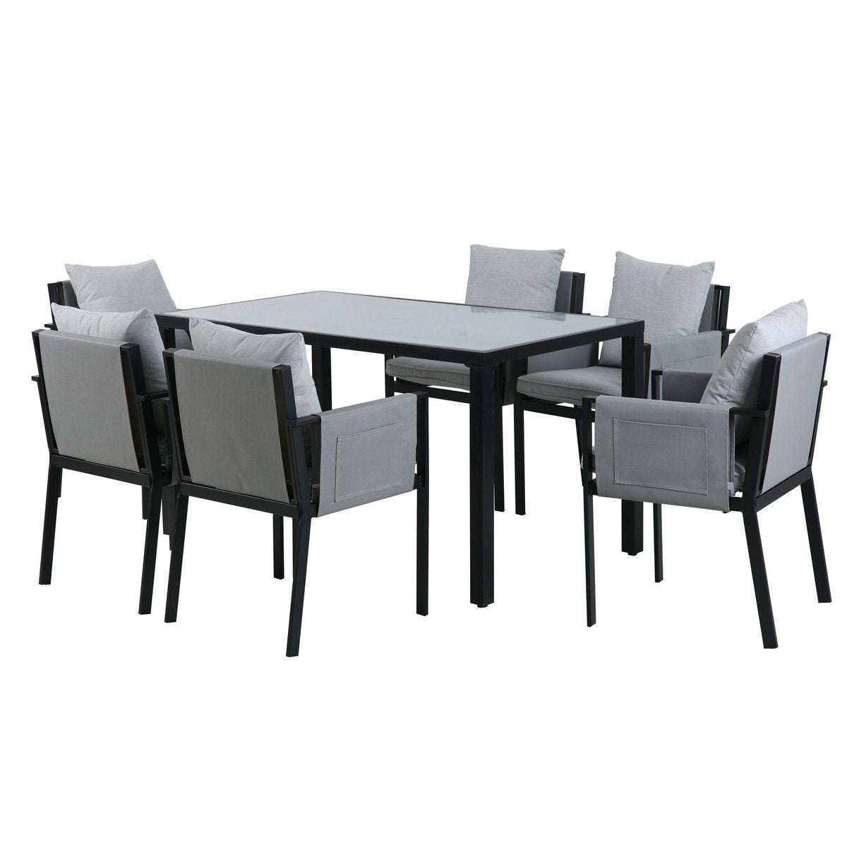 Ensemble de jardin moderne avec table en verre et coussins noirs