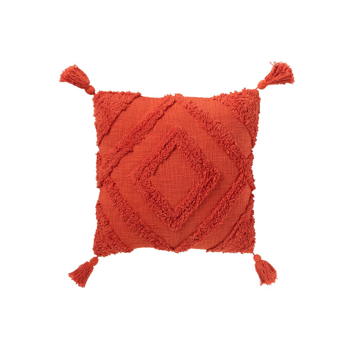Coussin J-Line tufté en coton brique, détail des pompons