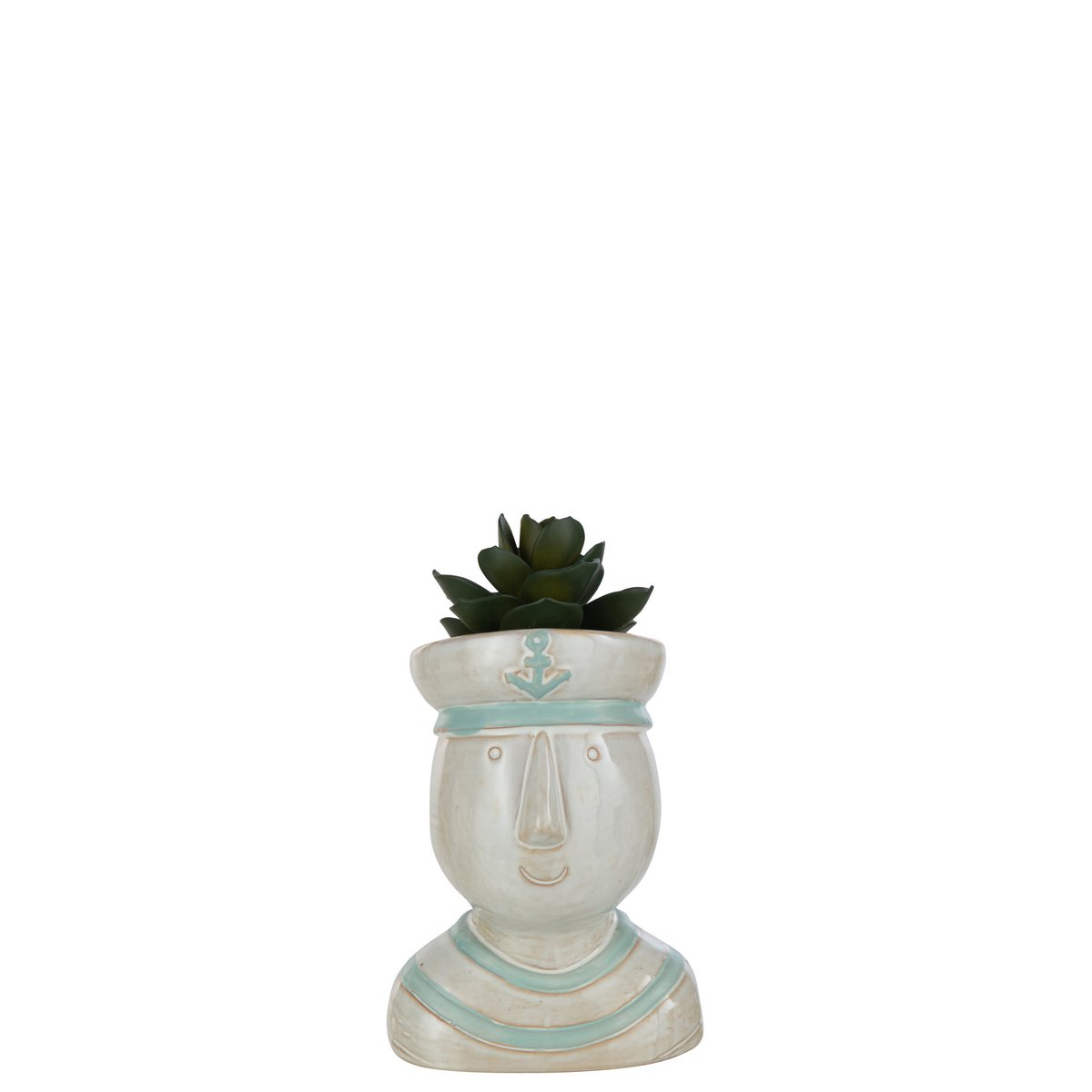Pot de fleur J-Line Hoofd Zeeman en porcelaine blanche et azur, vue de face.
