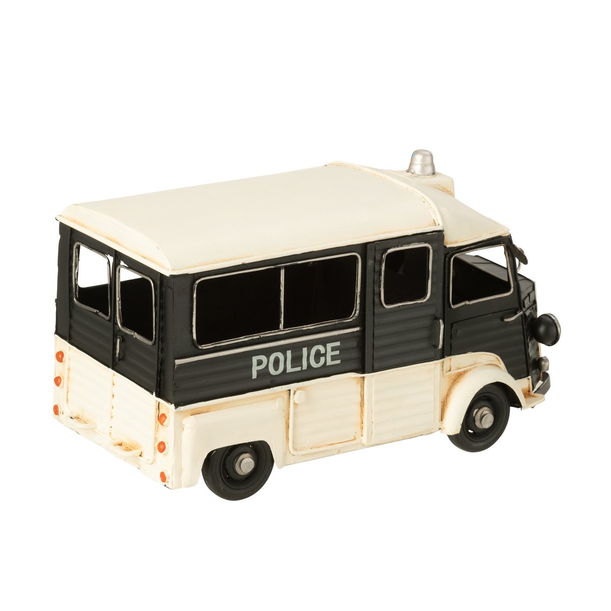 Décoration J-Line Bus de police Antique en métal noir et blanc, vue de face.