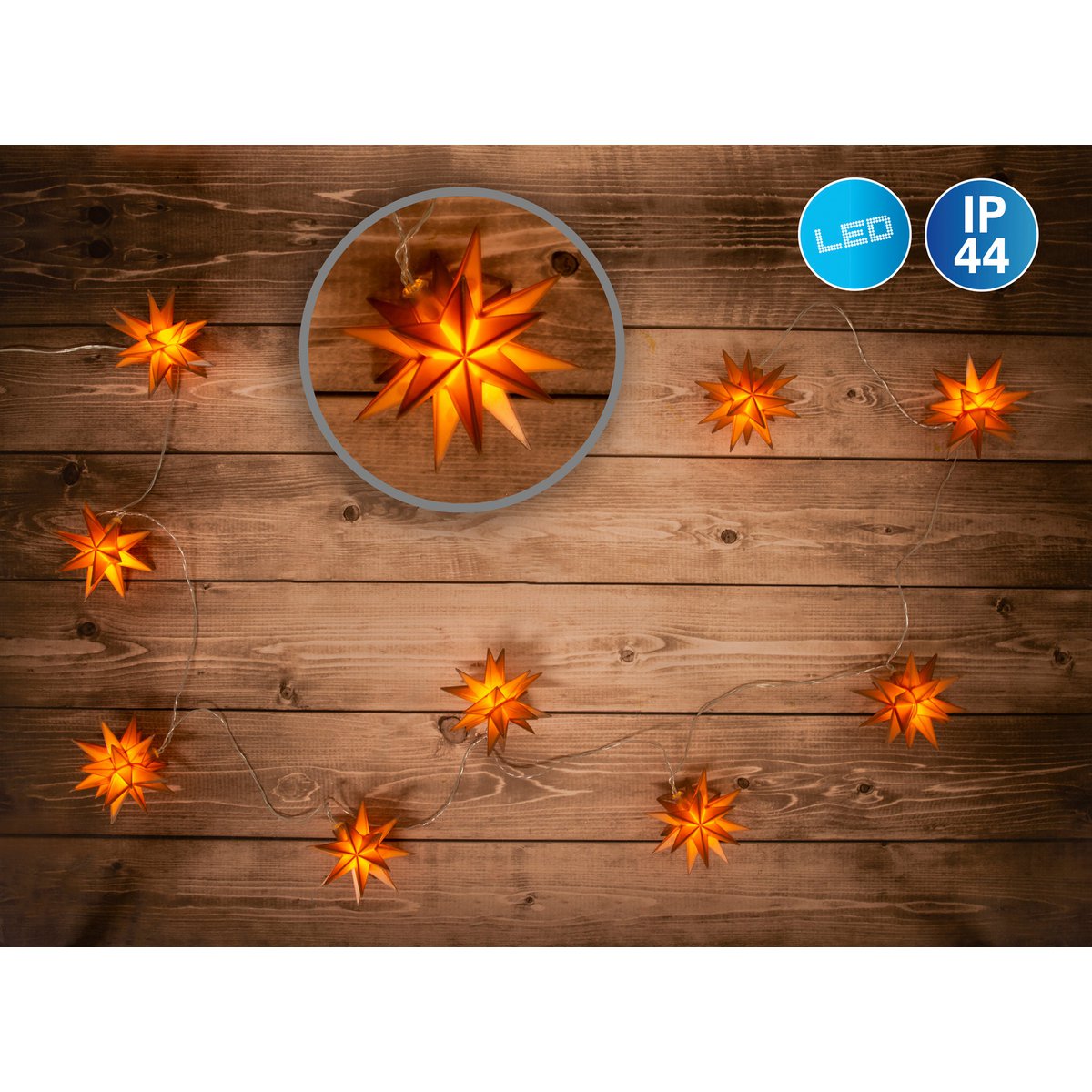 9-Outdoor LED Chain Light Chain 3D Stars-Gold
