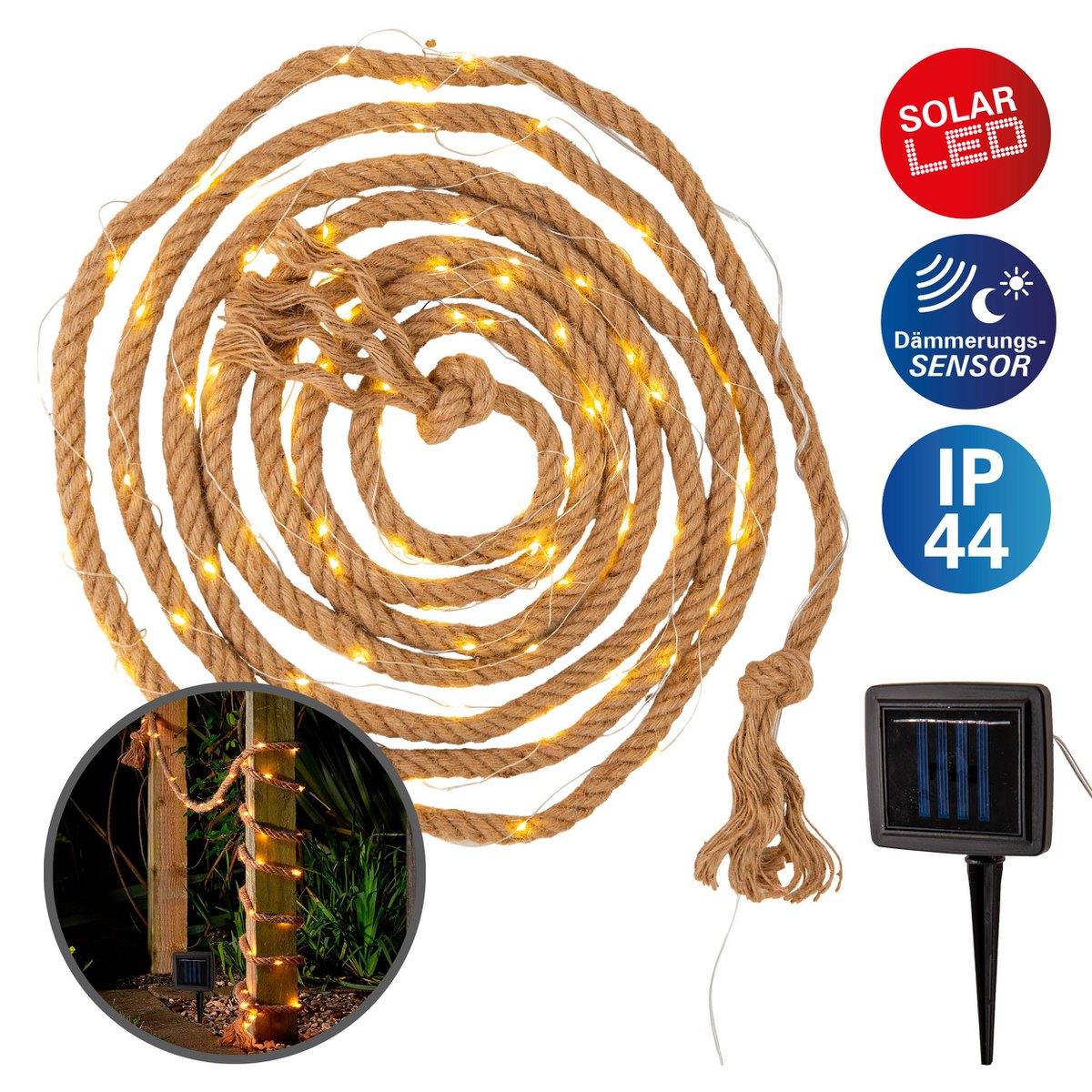 Chaîne légère solaire "Canamo" de la corde de chanvre dans ´natur, 8 m de long, plus 2 m de ligne d'alimentation, blanc chaud, pour la zone extérieure