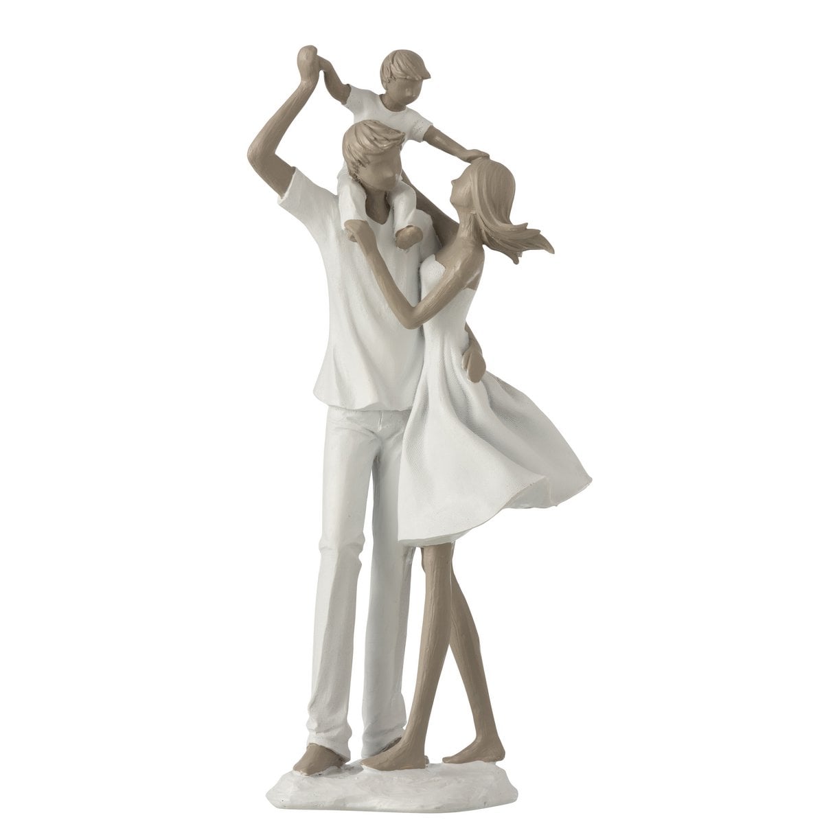 Figurine en polyresin représentant un couple avec enfant, teintes blanches et taupe
