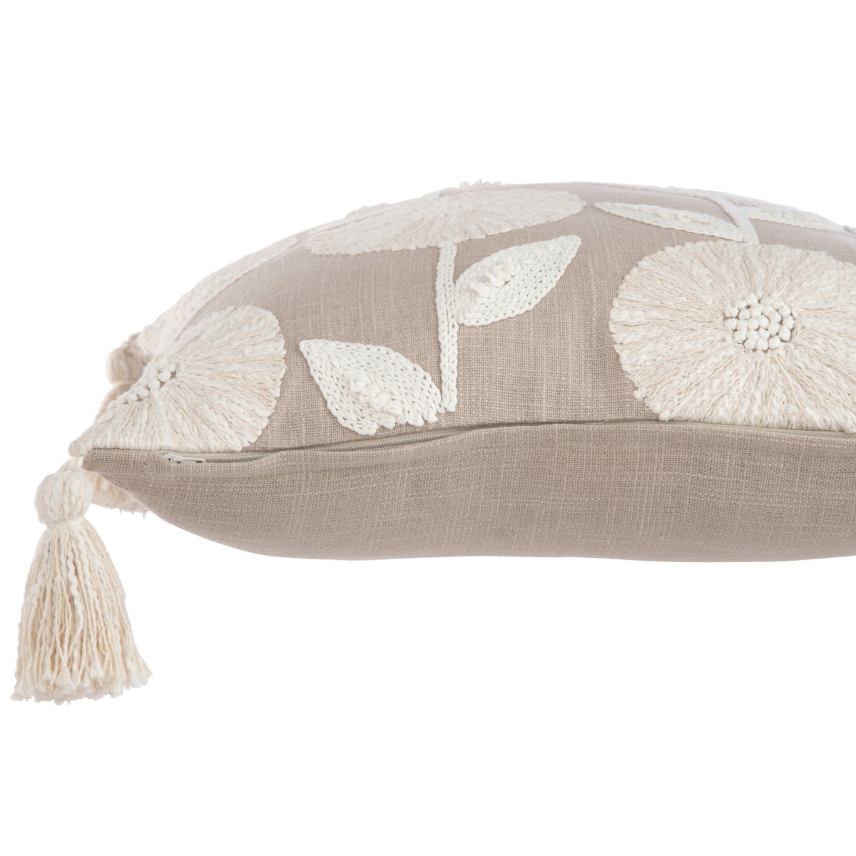 Détail des motifs floraux du coussin J-Line Fleurs/Feuilles