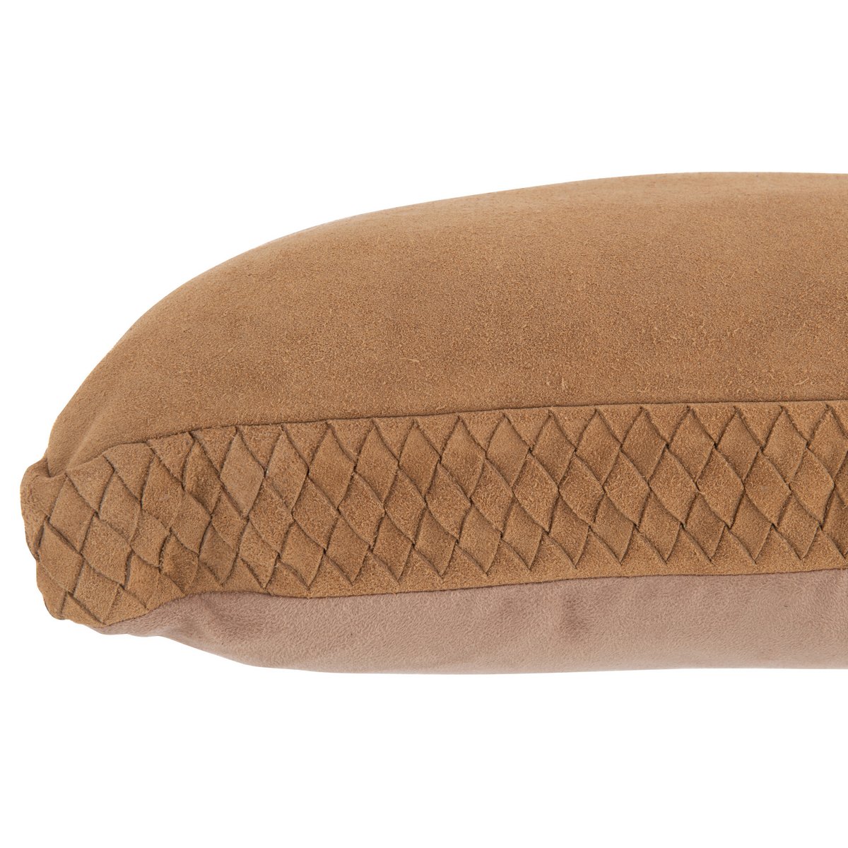 Détail du coussin J-Line en cuir marron - texture tissée