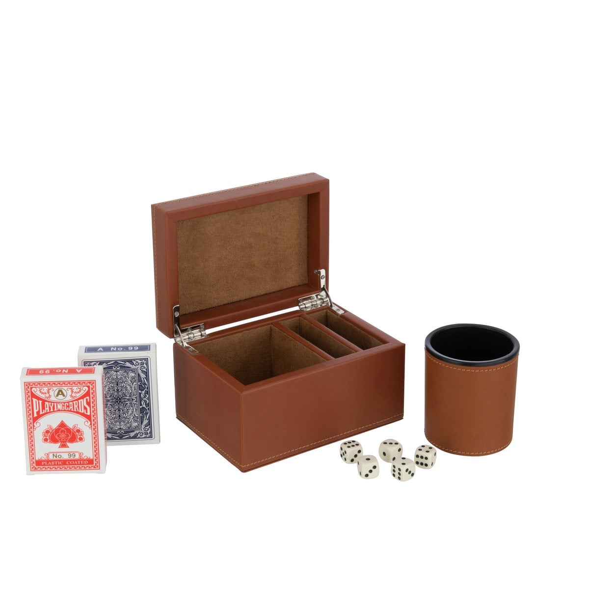 Boîte de jeu de cartes J-Line en cuir artificiel cognac ouverte