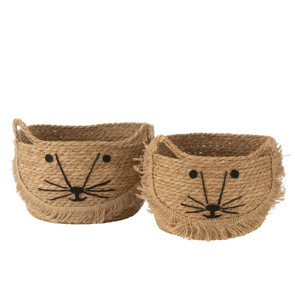 Ensemble de paniers Kitty Riet en rotin naturel et noir, vue de face.
