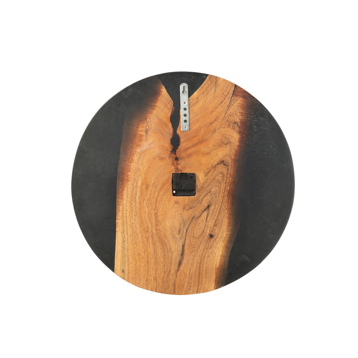Horloge J-Line Modern en bois et résine époxy, vue avant avec détails naturels et noirs.