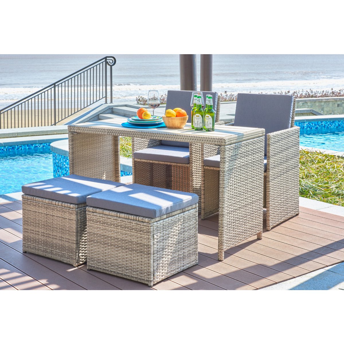 Ensemble de jardin Moebilia avec table et chaises en rotin bleu