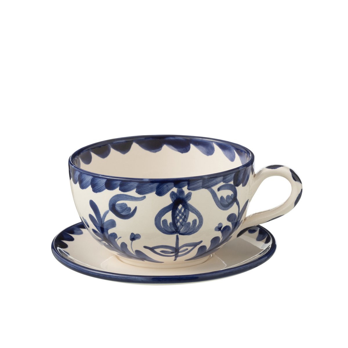 Tasse J-Line Grenade en céramique blanche et bleue avec soucoupe