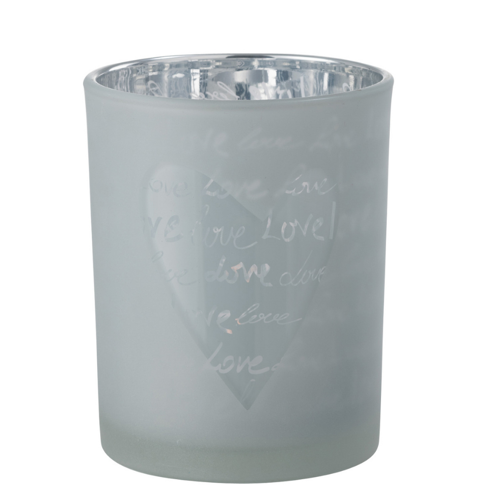 Lanterne Love en verre blanc, vue de face avec détails délicats