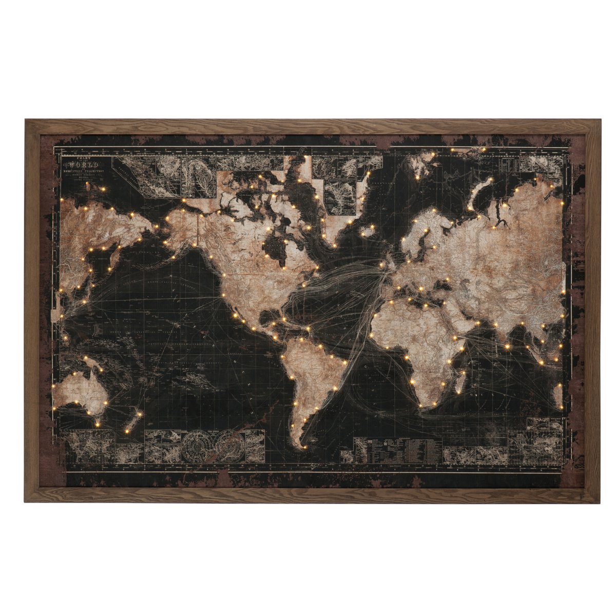 Cadre LED Carte du Monde en bois avec éclairage LED, vue de face