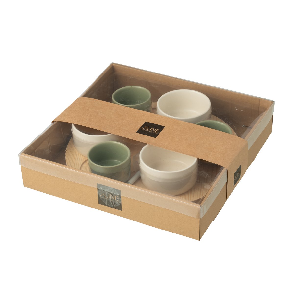 Détail des assiettes en céramique vertes de la vaisselle J-Line