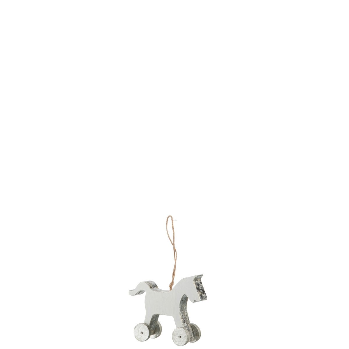 Vue rapprochée du pendentif cheval, texture bois et nuances argentées