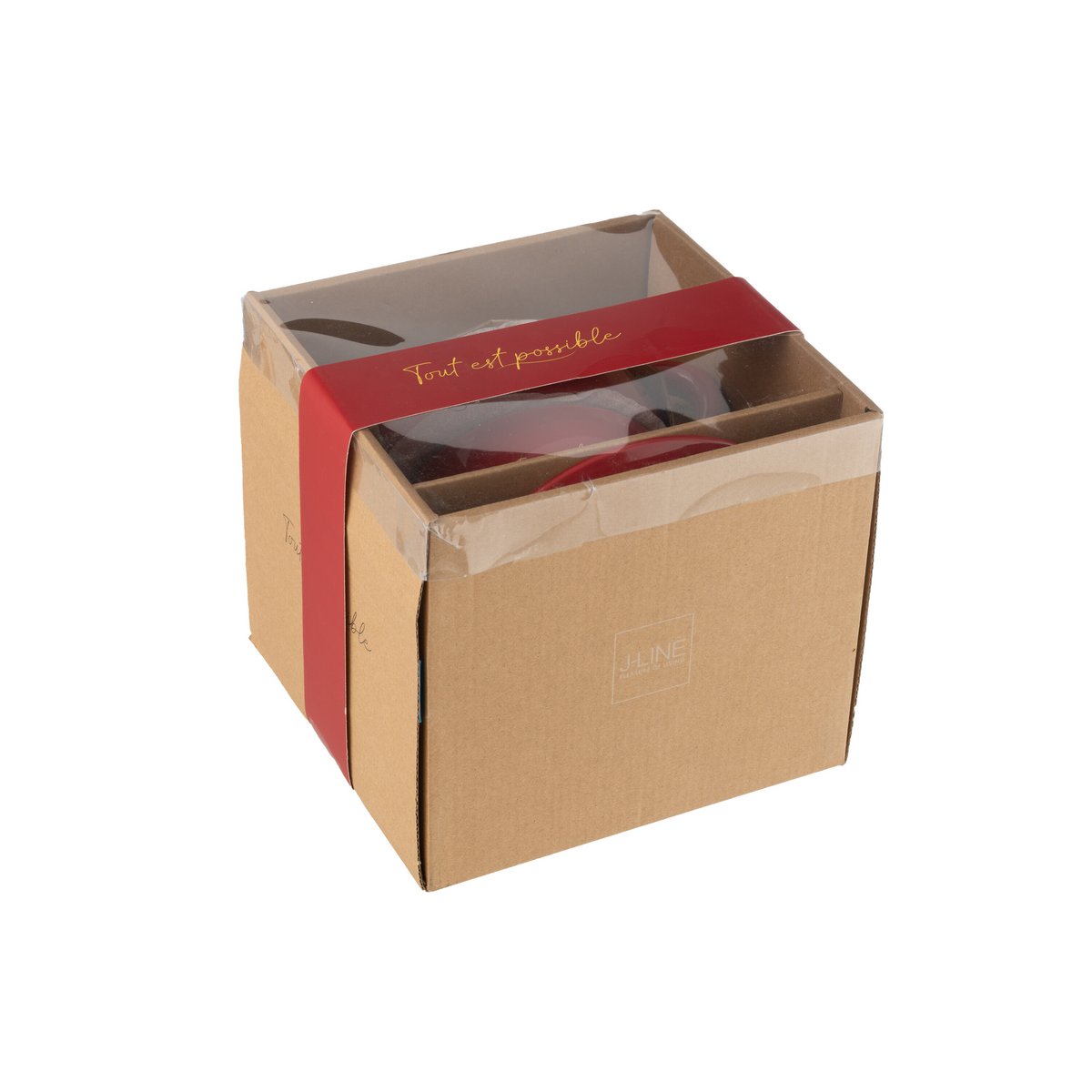 Détail du design élégant de l'ensemble théière et tasse J-Line en porcelaine rouge