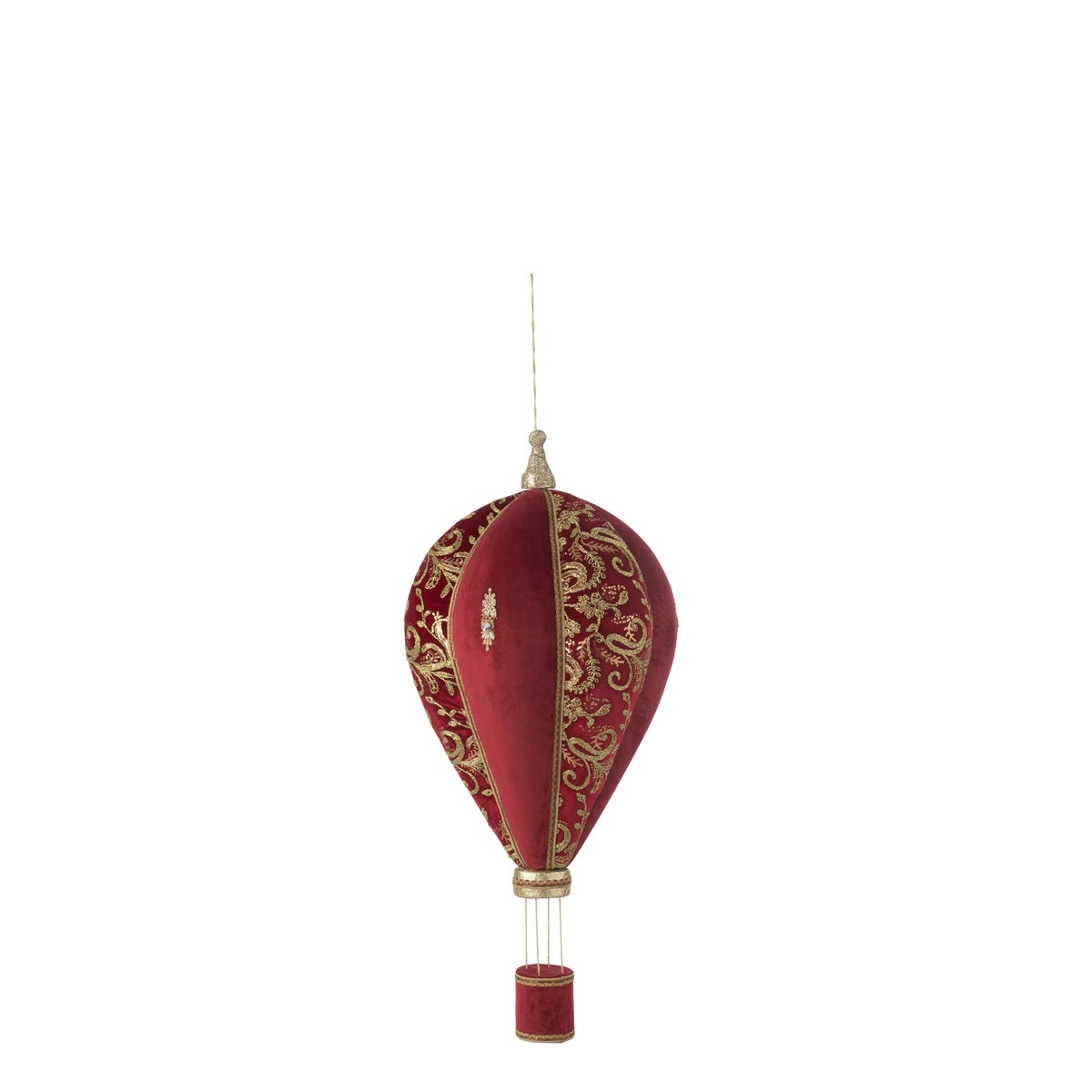 Montgolfière décorative rouge et or, élégance vintage, vue suspendue